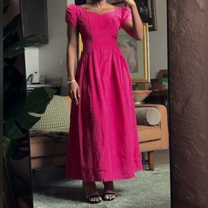 Vintage 80s Deanne Pink Gown Sweetheart Puff Sleeve Bow Back Dress Sz 11 USA